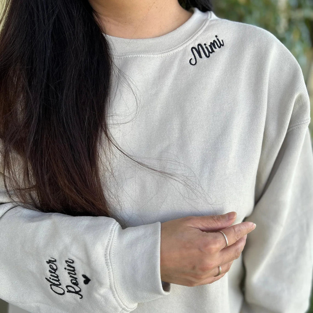 Custom Embroidered Mama Sweatshirt with Kids Name Sleeve